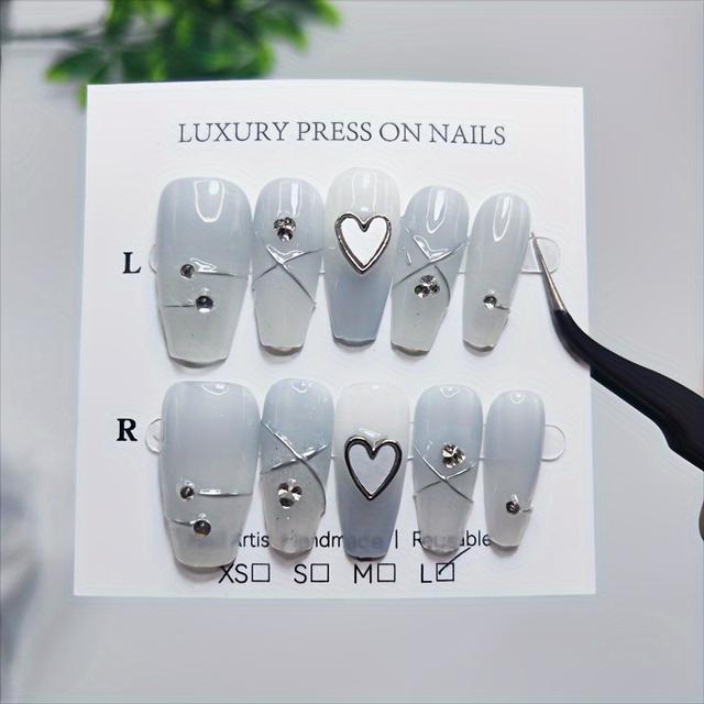 TEMU 10 Stück handgefertigte Nagelaufkleber mit Strasssteinen, Herz-Kunstnägel, vollständig abdeckende Verlaufsfalschnägel für Frauen und Mädchen
