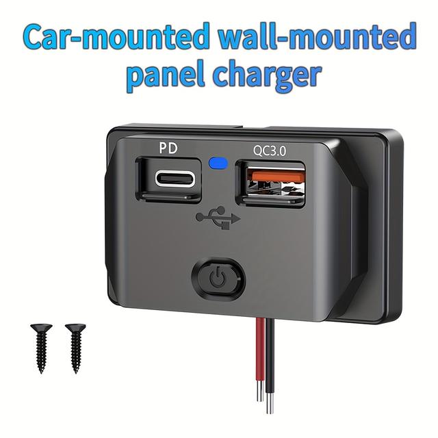 TEMU 12v Usb Socket Panel Wall-mounted, Qc3.0 & Pd3.0 Usb Port Charger Outlet With Button Switch, Power Socket, Suitable For In Cars, Buses, Rvs, And Trucks, Without Battery