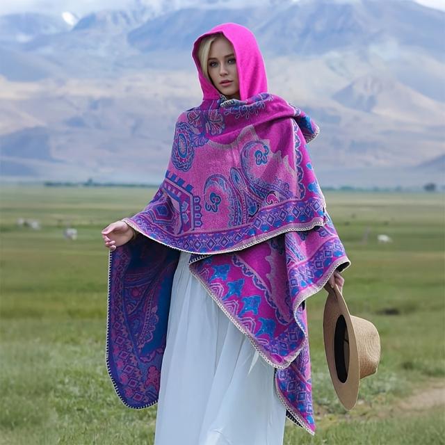 TEMU Boho-chic Hooded Shawl Cape - Warm, Sun-protective & Stylish For Fall/winter | Machine Washable | Available In Coffee, , Orange, Grey, Pink, Camel, 2024, Ethnic Style