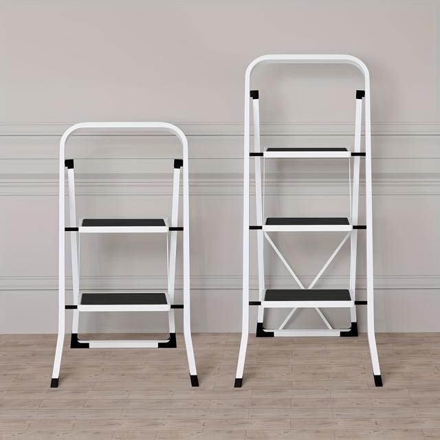 TEMU 1pc Foldable Metal Ladder With Non-slip Steps And Handle - , To 330 Lbs, Black & White - Ideal For Art Hanging In Elegant Homes, Ladders For Home