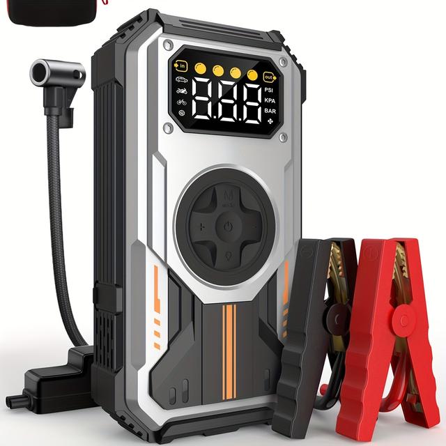 TEMU Arrancador de Coche Swarey 12000Mah con Batería Externa y Compresor de Aire, 150PSI, y Corriente de 6000A, Compatible con los Motores de y Diésel de 10.0L, Equipado con Luz LED