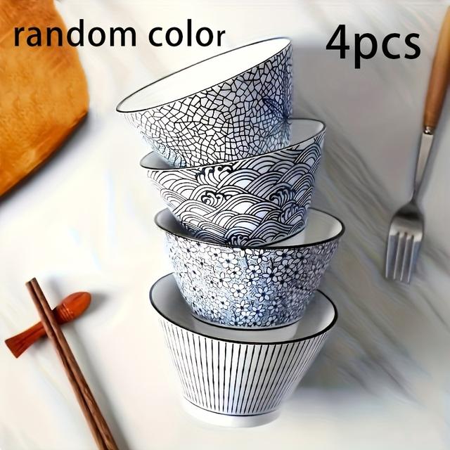 TEMU Set Of 4 Handmade Ceramic Bowls With Underglaze Colors, Suitable For , Beef Noodles, Soup; Tableware Safe For Dishwashers And Microwaves