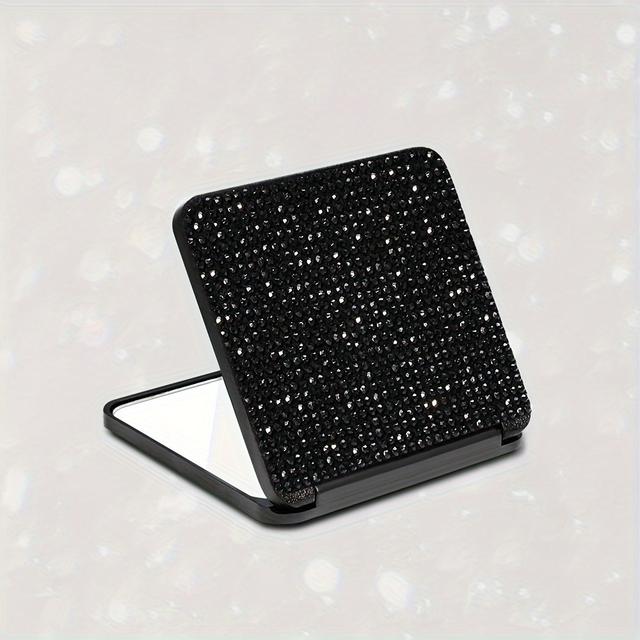 TEMU Sparkling Rhinestone Portable Folding Makeup - -sided, Design For Purses & Handbags, No Battery Needed
