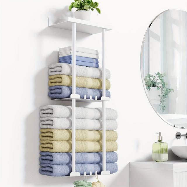 TEMU Wall-mounted Towel Rack, No-drill Towel Rack, 3-level Towel Rack With 6 Towel Hooks And Protective Rods, Large Capacity Bath Towel Holder, Self-adhesive, Towel Racks