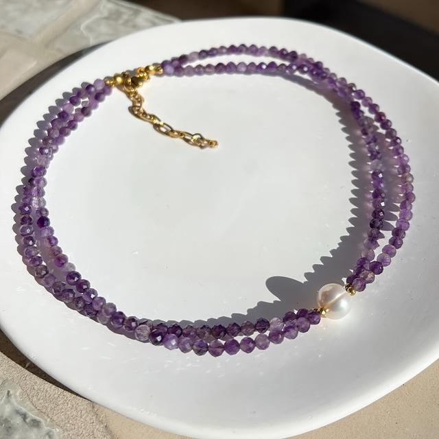 TEMU Natural Stone 1pc Dainty Amethyst Beaded Necklace With, Double Layered Purple Choker Handmade Gift For Her