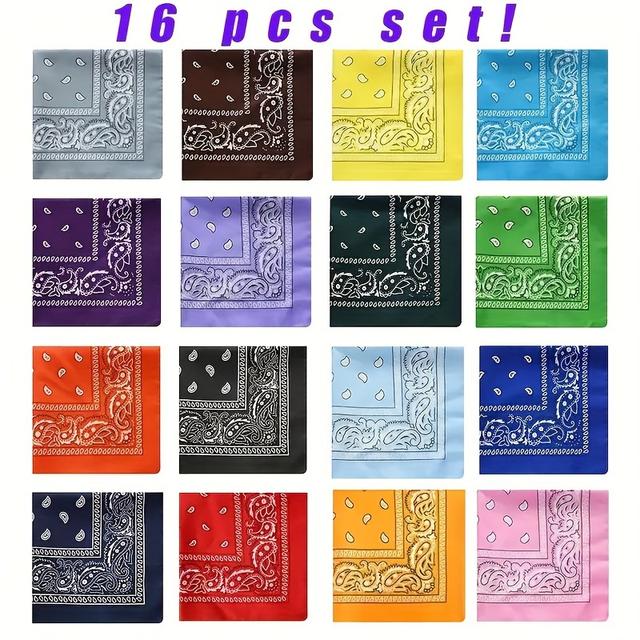 TEMU 16 Pcs Paisley Square Scarf Set - Hip-hop Outdoor Headwear, Cycling, Mountaineering, Fishing, Protection Scarves - Polyester, Sporty Style, Machine Woven, Hand Wash Or