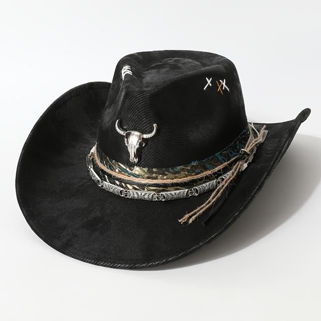 TEMU 1pc Hat, Fashionable Vintage Peach Heart Wide Brim Western Cowboy Hat With Hand-embroidered Decor And Bull Rope Metal Belt, Suitable For Outdoor Performances, Parties, Hiking, Riding - Use