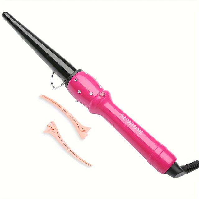 TEMU Sunhome 25mm Professional Ceramic Tapered Curling Wand - Instant Heat Hair Curler With Plug (220v), Pink/black & Rose Golden-like Tip For Tight Curls/, Salon-quality Styling For &