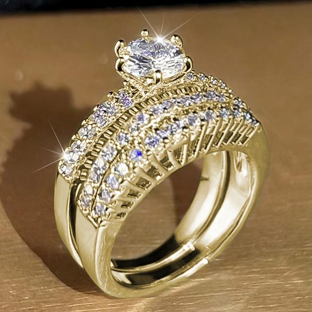 TEMU 18K Verguld 2-delige Set Afneembare Verlovingsringen voor Koppels van Koper, Ingelegd met Glinsterende Synthetische Kubisch Zirkonia, Geschikt voor Dagelijks Gebruik door Mannen en Vrouwen