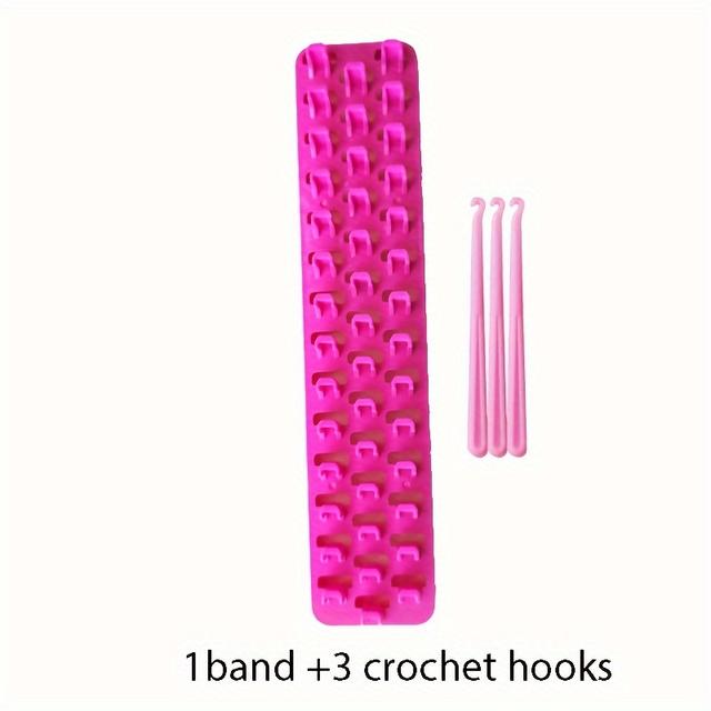 TEMU Pink Plastic Bracelet Weaving Tool Set: Includes 1 Weaving Tool And 3 Hook Needles For Diy Elastic Bracelets, Necklaces, Wristbands, And Craft Accessories
