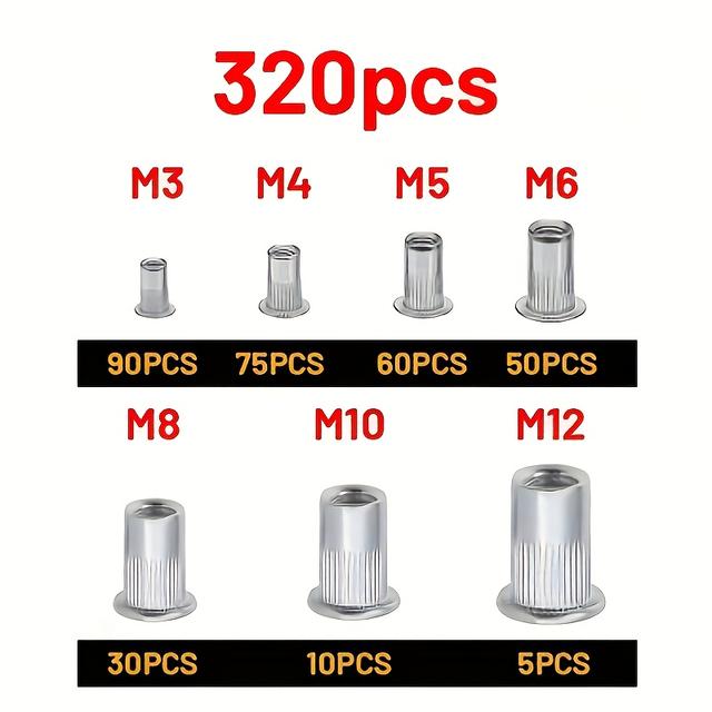 TEMU 320pcs Embedded Rivet Nut, Rivet Nut Combination Kit, Metric Aluminum Fasteners M3-m12, For Automotive, Marine, Home Decoration And , Strong And Durable, Corrosion Resistant,