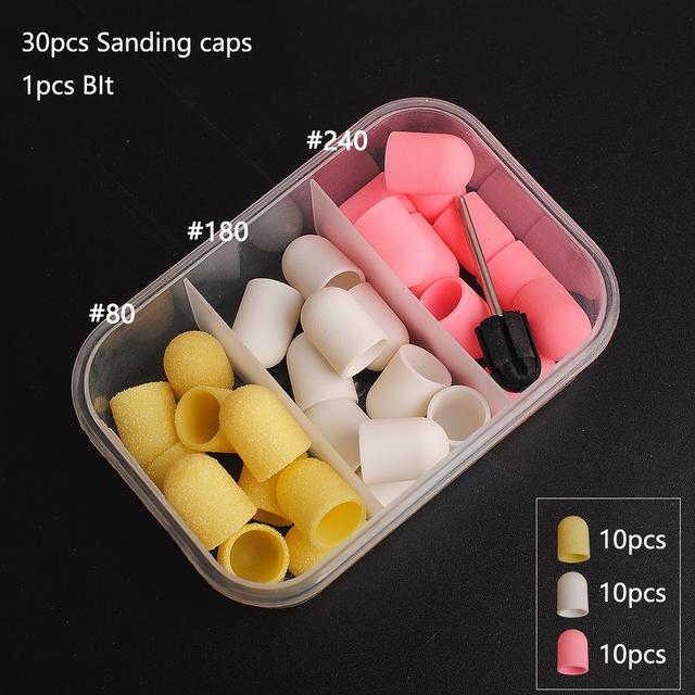 TEMU 30db Körömcsiszoló Sapkák és 1db Bit Lábreszelő Eltávolítójához Manikűr Pedikűr Körömpolírozás Sorja Szalon Használathoz, 10mmx15mm Csiszoló Sapkák, #80/#180/#240 Szemcseméret