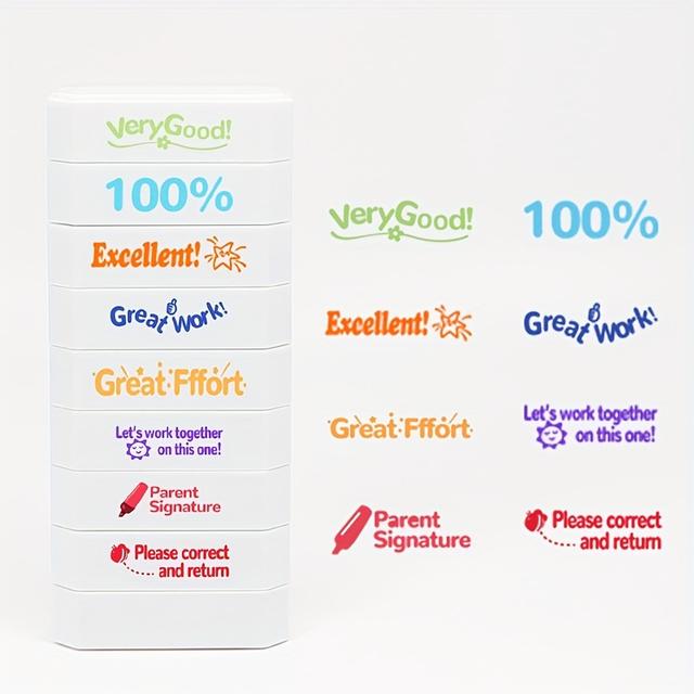 TEMU Teacher Stamp Set, Self-inking Grade Stamps With Parent Signature, English Language, Rectangular Shape, Durable Plastic Material, Suitable For Homework And Supplies