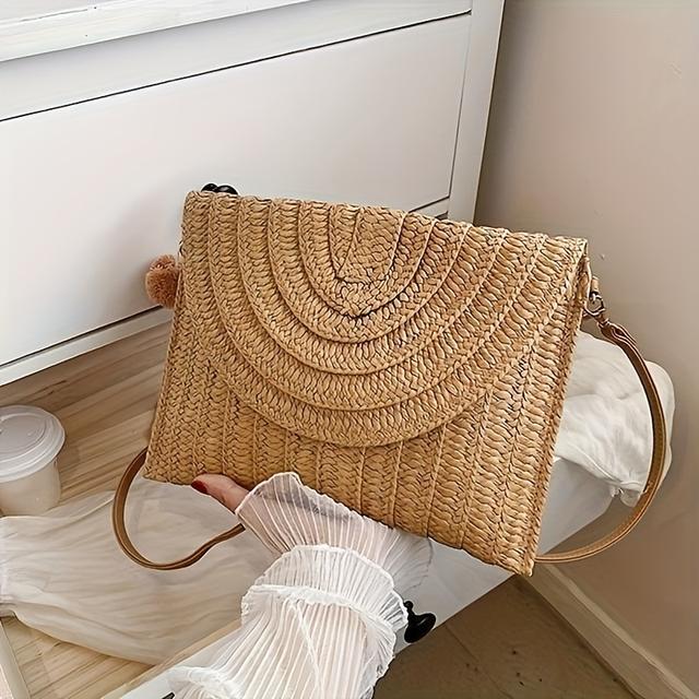 TEMU Handmade Straw Woven Clutch For Women, Summer Beach Travel Handbag With Removable Shoulder Strap, Solid Color, Scalloped Flap, Closure, Polyester Lining, Wristlet Included, Paint - Beige