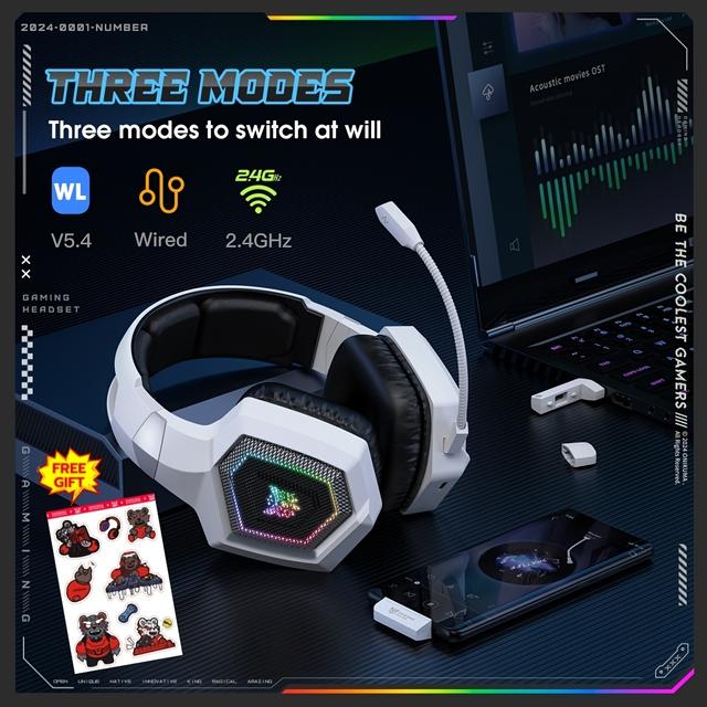 TEMU Casque de Jeu Fil ONIKUMA 2.4G avec Connectivité Fil, Wi-Fi & 5G - Longue de la Batterie, Audio , Chargement USB & Type-C pour PS/PC/Pad, Design Sur-Orille, Blanc avec Effet de