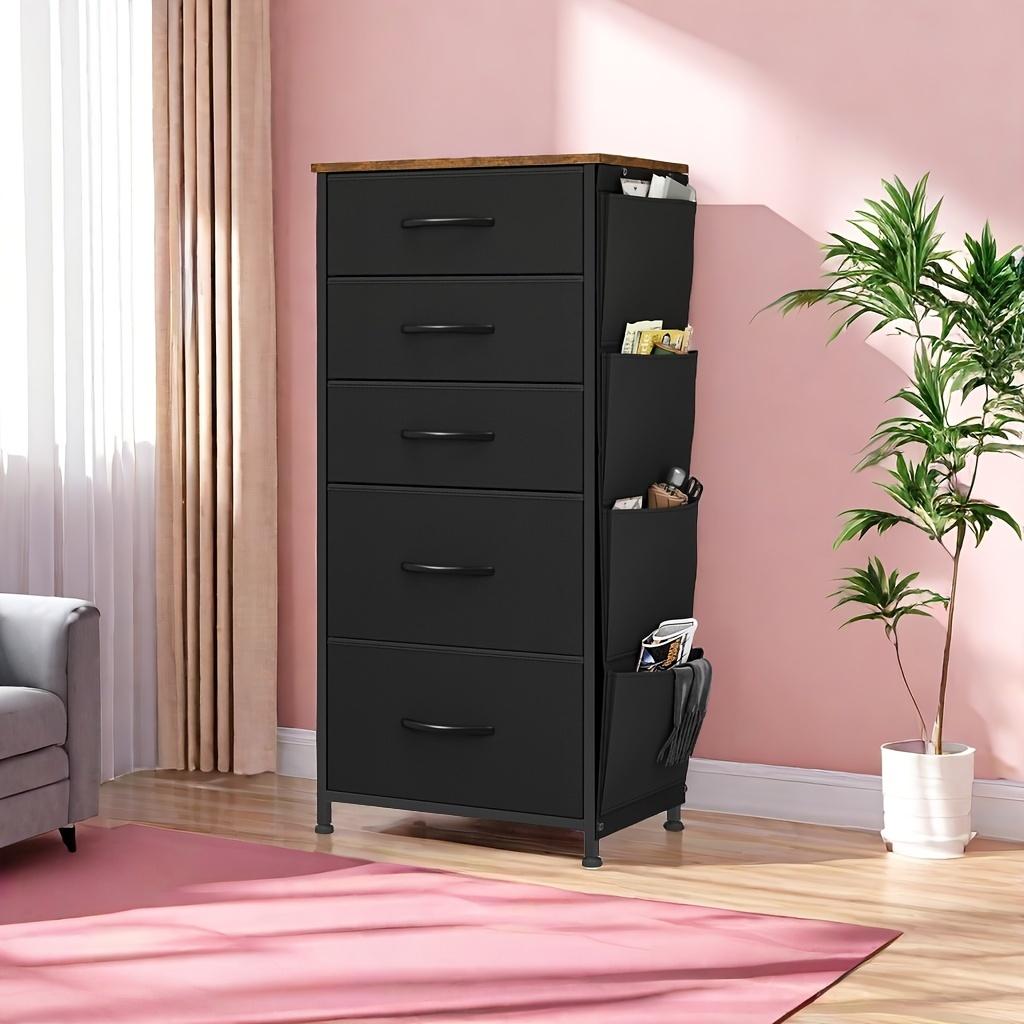 TEMU Yardfunkchest Of Drawers, Dresser With Side Pockets & Hooks, Fabric 5 Drawers With Handles, Metal Frame, Wood Top, For Bedroom, Living Room, Hallway, Black