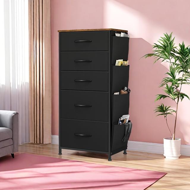 TEMU Yardfunkchest Of Drawers, Dresser With Side Pockets & Hooks, Fabric 5 Drawers With Handles, Metal Frame, Wood Top, For Bedroom, Living Room, Hallway, Black