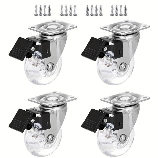 TEMU Set Of 4, 2-inch Heavy-duty Casters With Brakes, Swivel Plate Casters, Noise-free Locking Casters, Featuring Transparent Polyurethane (pu) Wheels, Includes Installation Screws