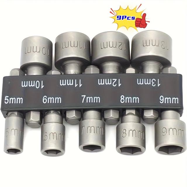 TEMU A Set Of 9pcs High-strength Socket Bits With Hex For Impact Drivers. Hex Socket Bits Are Used For Nuts And Bolts, With Diameters Ranging From 5 To 13 Millimeters.