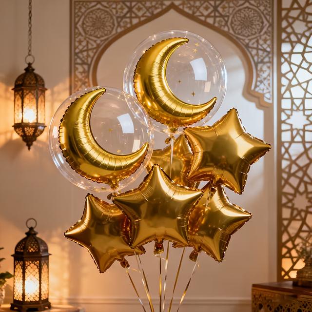 TEMU 10 stuks Gouden en Vijf-Puntige Ster Folie Ballonnen Transparante Bobo Ballonnen Set, voor Eid Al-Fitr, , het Breken van het Vasten, voor Eid Al-Fitr Gemeenschapsfeest Ramadan Decoratie