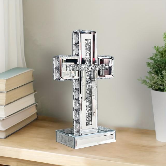 TEMU Elegant Glass Mirror Cross With Crystal And Diamond, Tabletop Cross Decoration, Perfect Gift For Chrismas, Easter, Thanksgiving, And Home Decor