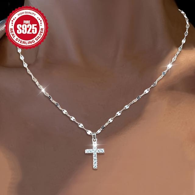 TEMU 925 Silbernes Lippenhalskette mit Kreuzanhänger, Glitzerndes Party- und Urlaubsgeschenk für Frauen – Allergiefreundlich, Weihnachten & Thanksgiving