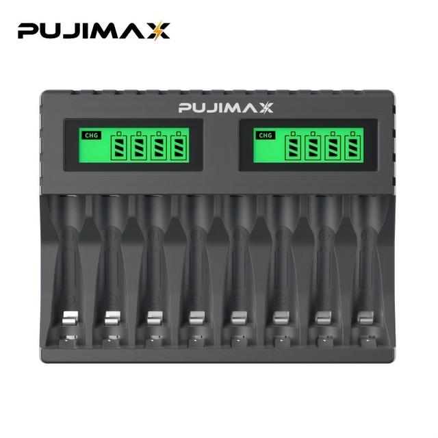 TEMU Cargador de baterías PUJIMAX LCD006 con 8 ranuras, cargador para baterías NiMH, puede cargar 4 pilas AAA y 4 pilas AA NiMH