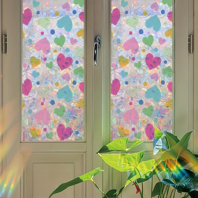 TEMU Love Heart Pattern Privacy Window Film - Static Cling, Pvc, 1mil Thick For Home Decor