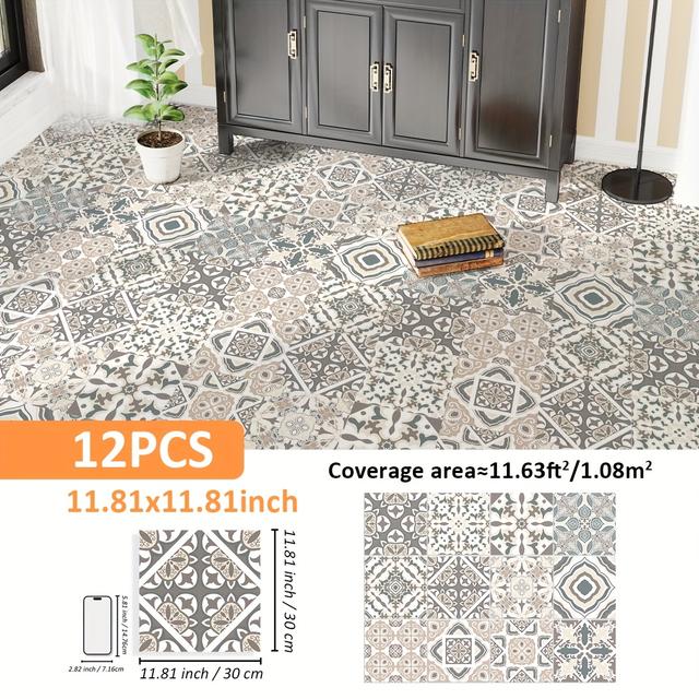 TEMU 12pcs Bohemian Style Self-adhesive Peel-and-stick Floor Tiles, 5.91/7.87/ Inch, Removable And Interlocking Decorative Stickers For Kitchen, Bathroom, Balcony, Entryway, And More
