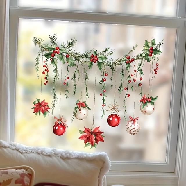 TEMU Dekorativní vánoční okenní dekorace s sváteční holly, zářivých ozdob, poinsetií, jehličí a šišic, ideální pro ozdobu vaší obývacího pokoje ložnice na svátky. Tyto snadno aplikovatelné dekorace