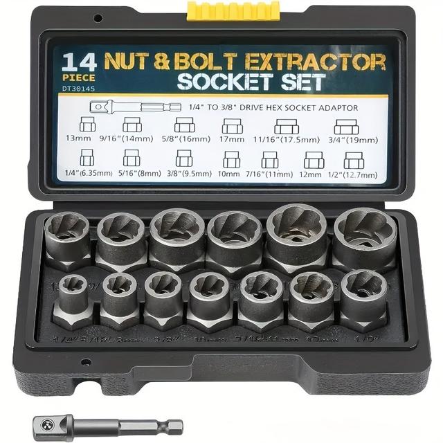 TEMU 14pcs Impact Socket Set - Heavy-duty Damaged Bolt And Nut Remover With Chrome Steel Construction, Versatile Nut And Bolt Extractor, And Convenient Storage Box For Effortless Fastener Removal