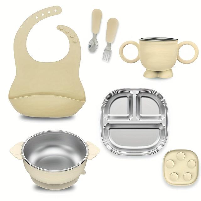 TEMU Feestdagcadeau Kinderbestek, RVS + Zuignapset, Voedselveilig Valbestendig, Multifunctionele Alles-in-één Babyset met Afneembare Zuignappen