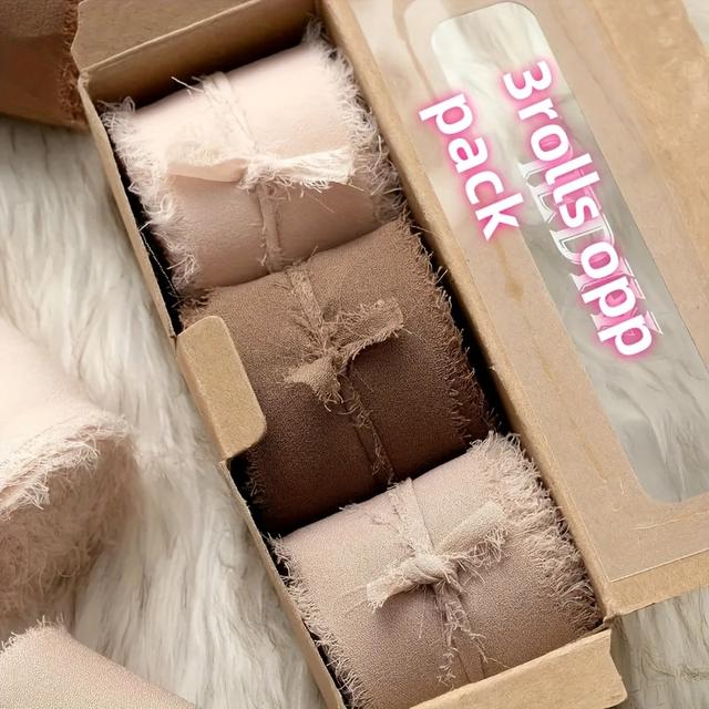 TEMU 3 Rolls 1.5 Inch * 5.5 Yards Beige Fringe Chiffon Ribbon Gift Decoration Set, Christmas, Halloween