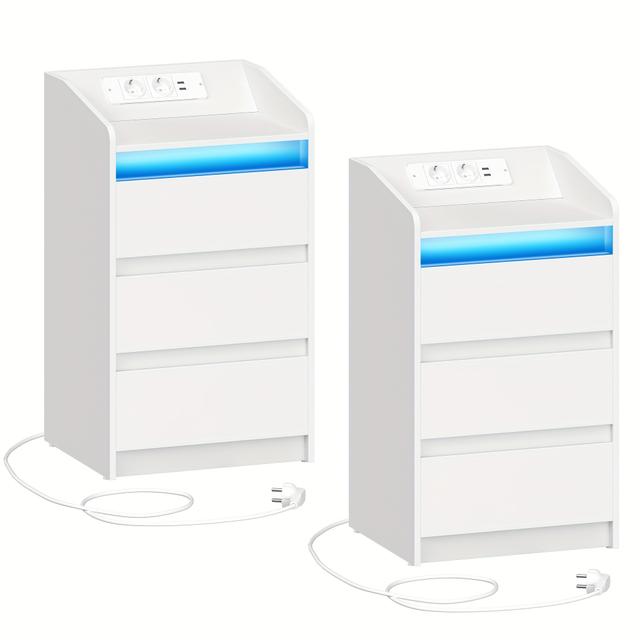 TEMU Bedside Table Set Of 2 With 3 Drawers, Side Table With Charging Station And Led, 2 Ac Sockets And 2 Usb Ports For Bedroom, Living Room, White, Storage Drawer Units