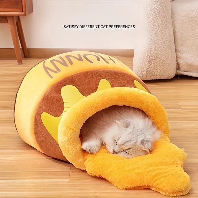 TEMU Cama para gatos con forma de tarro de miel, y para otoño e invierno, removible y lavable, con un cojín para la comodidad del animal de