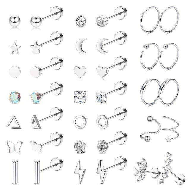 TEMU 38 piezas 316L 316L 316L Aros de espiga con respaldo de acero inoxidable para mujer y hombre, aro de cartílago, aro pequeño con CZ, estrella, , , joyería para perforación de helix y tragus