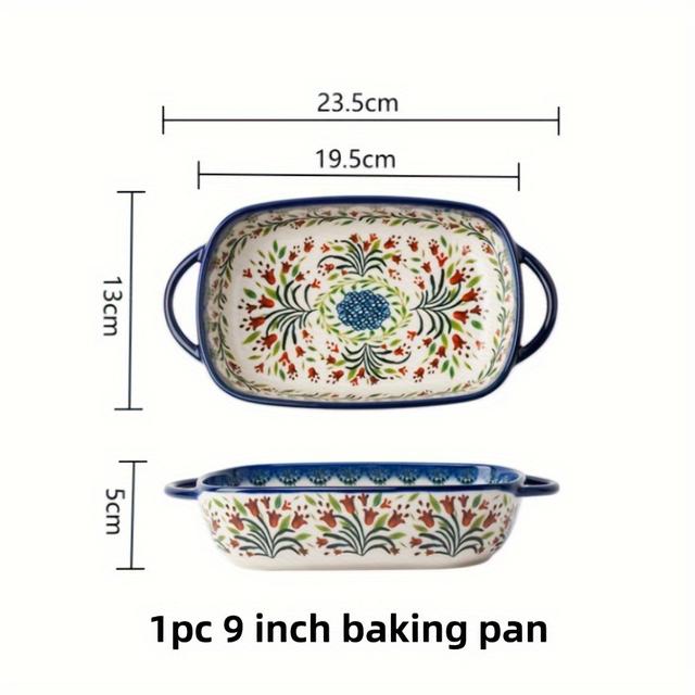 TEMU Polnisches Keramik-Backformen-Set, 1 Stück, 9-Zoll rechteckige Backform, Doppelgriff-Obstauflaufplatte, Vintage-Ofen und Mikrowellen-geeignetes Käsebackblech