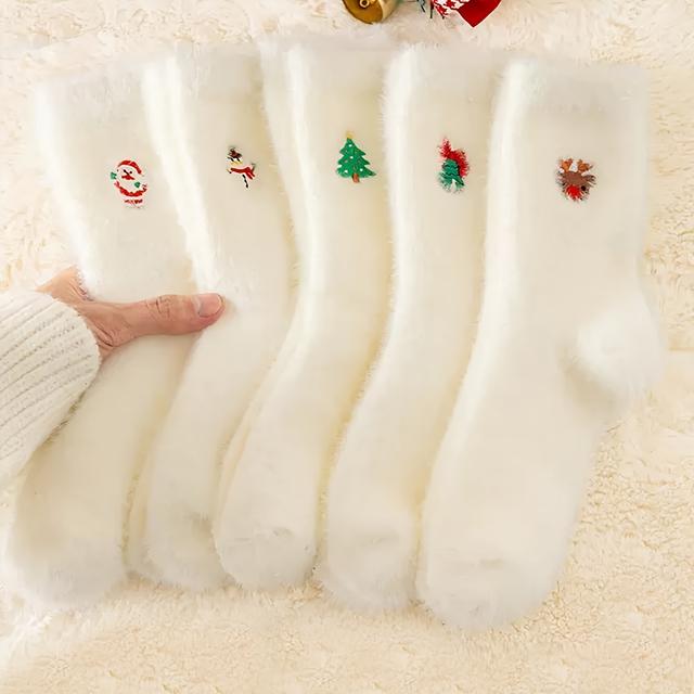 TEMU 5-pair Pack Women's Cozy Christmas Socks - Plush Warm Winter Sock Suitable For Indoor/outdoor, Reindeer & Tree Patterns, Soft Slippers/sleep Socks, Festive Holiday Gift (hand Wash Only)
