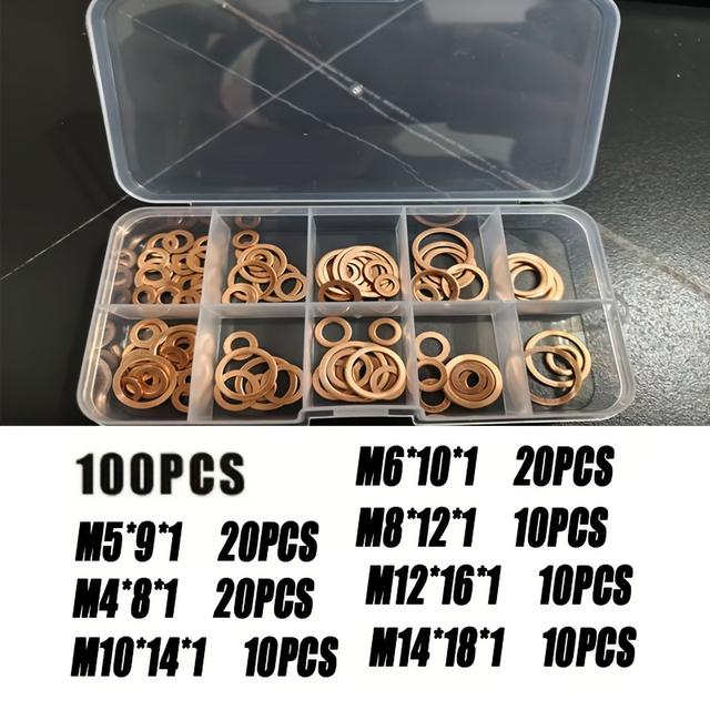 TEMU 100pcs Copper Gasket Main Kit - Piston Rod Seals With Flat Ring Gaskets, Nuts, And Bolts
