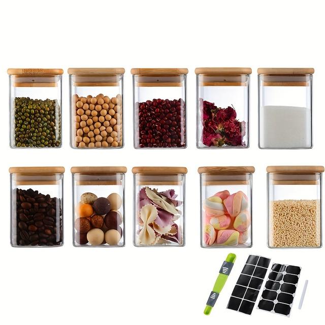TEMU 10pcs Set Of Square Glass Spice Jars - Made Of Durable Borosilicate Glass - Suitable For Salt, Pepper, Sugar, And Spices. Bulk Powder Containers, Seasoning Bottles