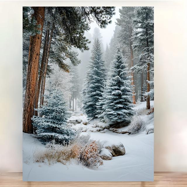 TEMU 2d Flat, 2d Flat, 1 Framed 12x16 Inch Canvas Art Print Featuring A Scene With Snow-laden Pine Trees And A Backdrop, Ideal For Decorating A Farmhouse For Christmas, A Rustic Cabin, Or A