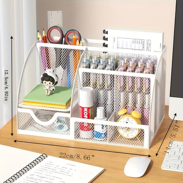 TEMU A Mesh Pen Holder And Organizer For Office Supplies, Featuring 7 Compartments, A Desktop Organizer Box With Drawers, A Metal Pen Holder, And A Supply Organizer