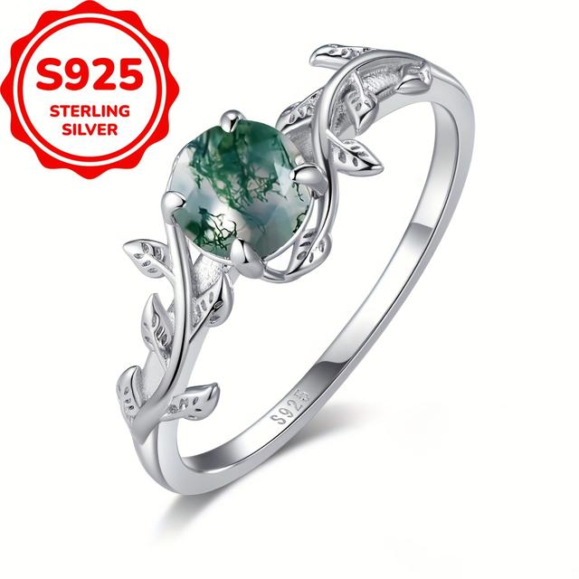 TEMU 925 Sterling Silvery Ring, Inlaid With Moss Agate, Retro Leaf Design, Engagement/wedding Ring, High-quality Ring, Is For Your Lover.