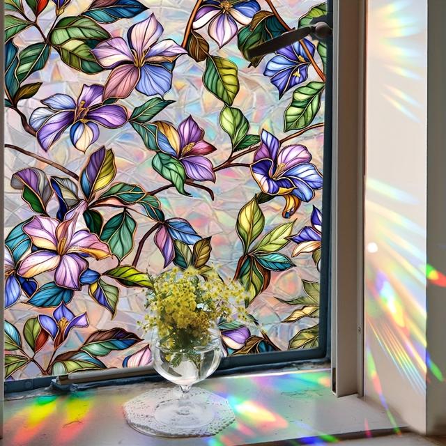 TEMU 1pc Vintage Floral Window Film, Stained Privacy Cling For Bedroom, Living Room, Kitchen, Home Decor - Botanical Patterns, & Removable