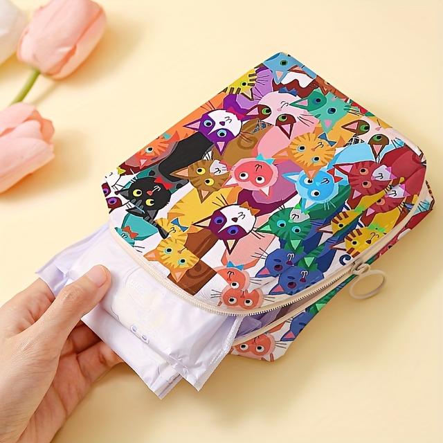 TEMU Colorful Cartoon Cats Printed Portable Pouch: Perfect For Organizing Feminine Hygiene Products, Lightweight And Versatile