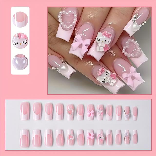TEMU 24pcs Hello Kitty Press On Nails | Medium Coffin False Nails With Pink Bow & White Heart Gems, Cute Pink Fake Nails For Women, Glossy Plastic Nail Tips For Nail Art