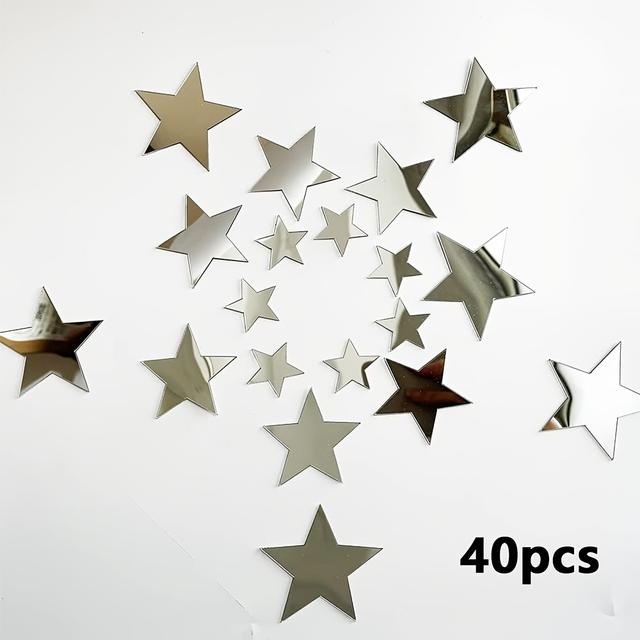 TEMU 40pcs Acrylic Star Mirror Wall Stickers | Self-adhesive, Golden/silver, For Bedroom, Living Room, Kitchen Decor, Tv Backdrop, Craft Stickers