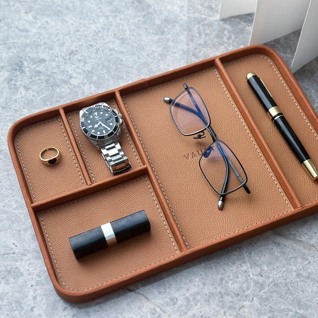 TEMU Premium Vegan Faux Leather Valet Tray - A Chic And Organized Nightstand Accessory For Men Featuring 5 Compartments To Hold Keys, Watches, Wallets, And Jewelry - A Contemporary Bedside Organizer