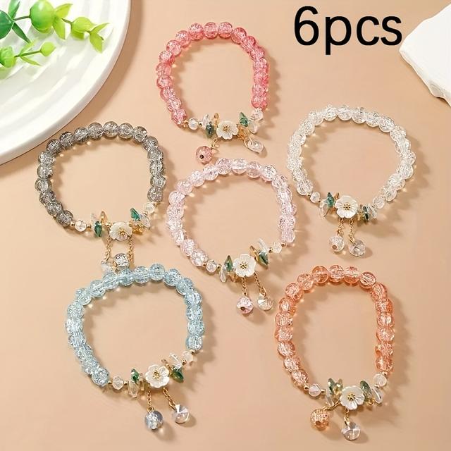 TEMU 6pcs Elegant Vintage Resin Flower Ice Crack Glass Beaded Bracelet Set For Women, Stretchable, Stackable, Color Random, Party Vacation Holiday Gift, Skin-friendly, Fashionable Accessory