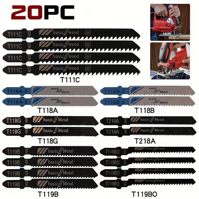 TEMU 20pcs High Carbon Steel Jig Saw Blade Set - Assorted Blades For Fast Cutting Of Wood, Plastic & Metal - Compatible With Most Jig Saws